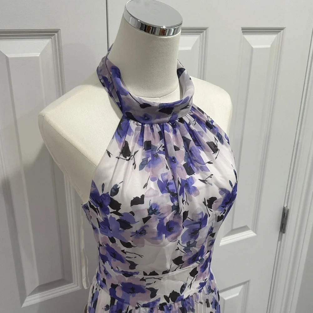 Eliza J Purple Floral Halter Tie Pleated Wedding Guest Party Maxi Dress Size 8 - Picture 4 of 16